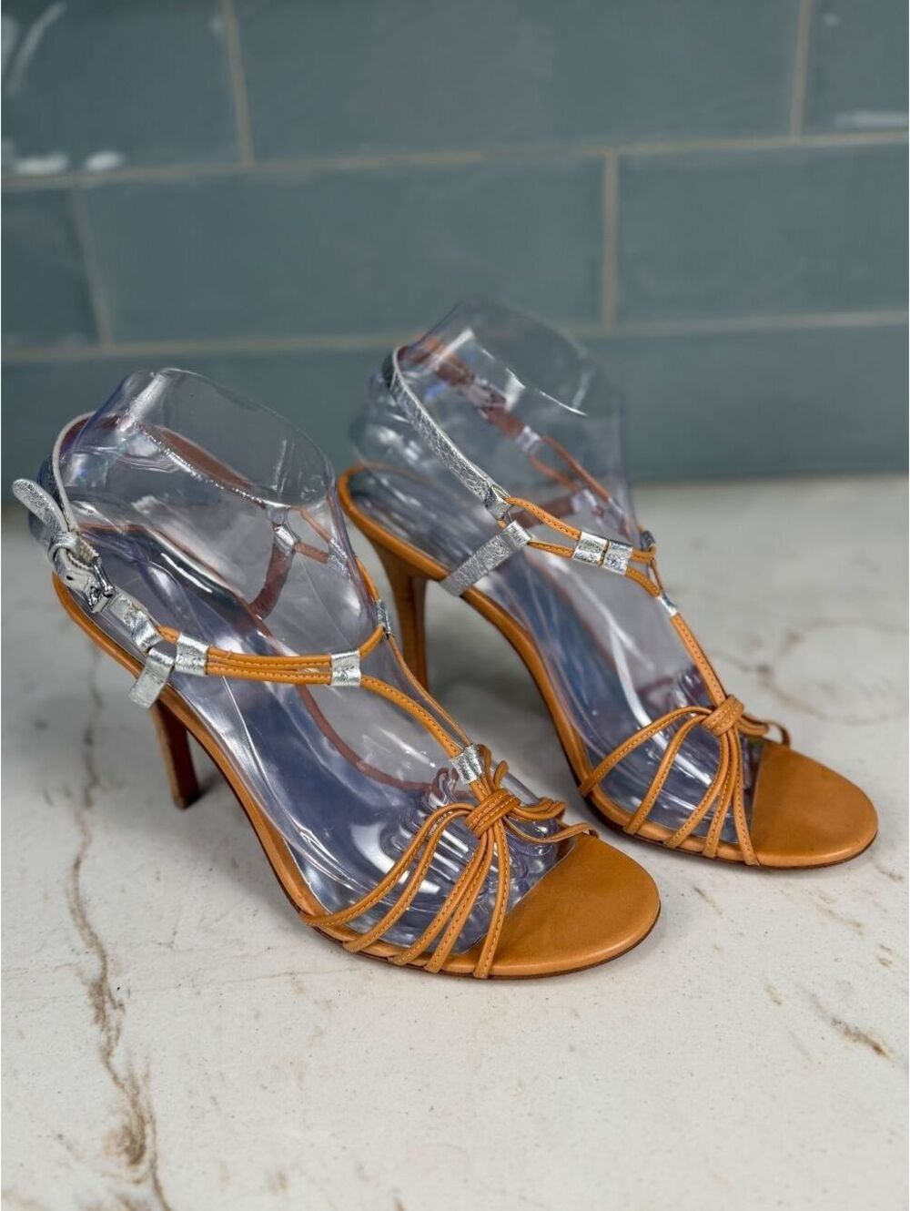 Coach Women's ‘Lana’ Tan Leather & Silver Strappy High Heel Sandals Sz 9B EUC